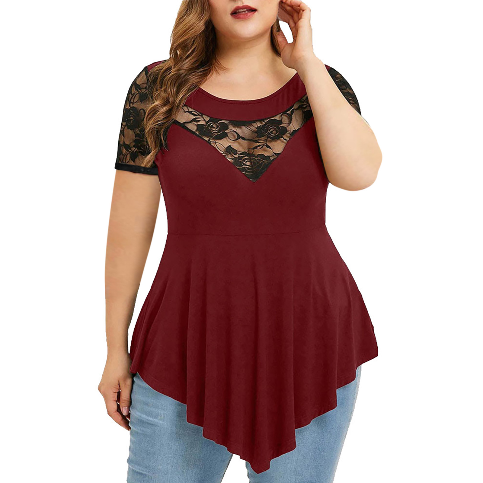 Plus Size Women Solid Floral Lace Asymmetric Three Quarter Tops